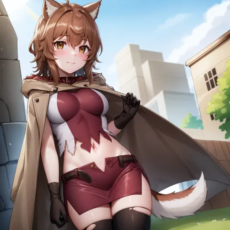 <lora:Lily:1>
best quality, 4k, ((masterpiece)), extremely detailed, 8k, trending on ArtStation, Intricate, High Detail, Sharp focus
1girl, solo, animal ears, brown hair, thighhighs, skirt, tail, navel, smile, torn clothes, gloves, midriff, looking at viewer, medium breasts, black thighhighs, blush, red skirt, belt, brown eyes, collar, torn thighhighs, miniskirt, black gloves, closed mouth, dog ears, dog tail, outdoors, coat, short hair, side slit, open clothes,hood down,