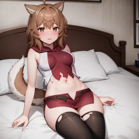 <lora:Lily:1>
best quality, 4k, ((masterpiece)), extremely detailed, 8k, trending on ArtStation, Intricate, High Detail, Sharp focus
1girl, solo, animal ears, thighhighs, tail, blush, skirt, brown hair, lying, midriff, brown eyes, short hair, dog ears, navel, ahoge, on back, torn clothes, miniskirt,bed,indoors,