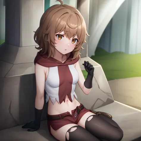 <lora:Lily:1>
best quality, 4k, ((masterpiece)), extremely detailed, 8k, trending on ArtStation, Intricate, High Detail, Sharp focus
1girl, solo, gloves, thighhighs, brown hair, shorts, navel, midriff, brown eyes, short hair, sitting, belt, black thighhighs, hood,torn legwear,