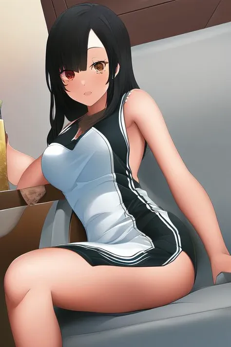 1girl, woman, flat chest, colorful eyes, indoors, sitting, sleeveless, knees together, long black hair, legs