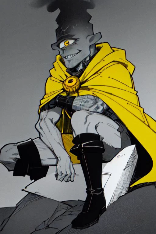 (masterpiece, top quality, best quality, beautiful, and aesthetic:1.2) <lora:jogoat:0.8> jogoat, 1boy, solo, smile, male focus, boots, colored skin, grey skin, one-eyed, cyclops, volcano head, tube ears, yellow cape, scarf <lora:GigaChad_Looking_Left:1> INCURSIOGIGALOOKINGLEFT,MONOCHROME, GREYSCALE