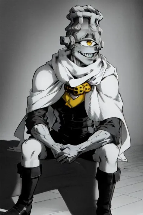 (masterpiece, top quality, best quality, beautiful, and aesthetic:1.2) INCURSIOGIGASITTING, MONOCHROME, GREYSCALE <lora:GigaIncursioSitting:1> <lora:jogoat:0.8> jogoat, 1boy, solo, smile, male focus, boots, colored skin, grey skin, one-eyed, cyclops, volcano head, tube ears, yellow cape, scarf