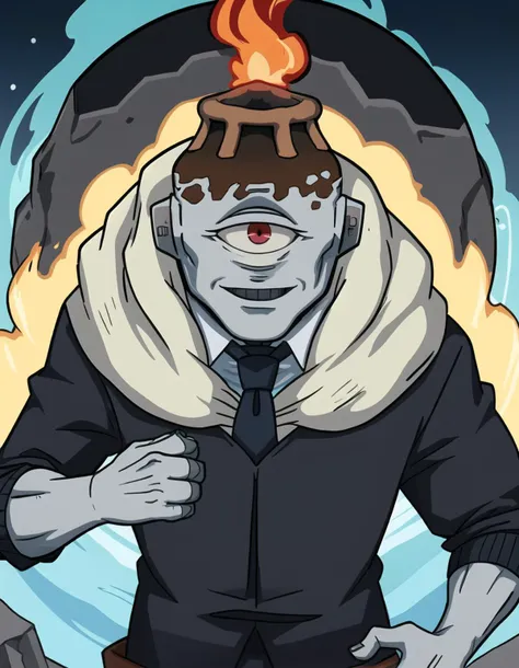 best quality, afterglow, 4k, ((masterpiece)), extremely detailed, 8k, trending on ArtStation, Intricate, High Detail, Sharp focus, jogoat <lora:jogoat:1>, solo, smile, fire background, 1boy, volcano background, full body, male focus, boots, colored skin, grey skin, 1boy, male focus, one-eyed, cyclops, volcano head, ((muscular male)), ((standing, cowboy shot, upper body)), ((tube ears)), ((suit, necktie))