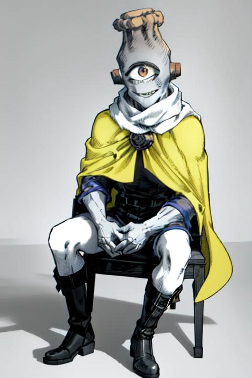 (masterpiece, top quality, best quality, beautiful, and aesthetic:1.2) INCURSIOGIGASITTING, MONOCHROME, GREYSCALE <lora:GigaIncursioSitting:1> <lora:jogoat:0.8> jogoat, 1boy, solo, smile, male focus, boots, colored skin, grey skin, one-eyed, cyclops, volcano head, tube ears, yellow cape, scarf