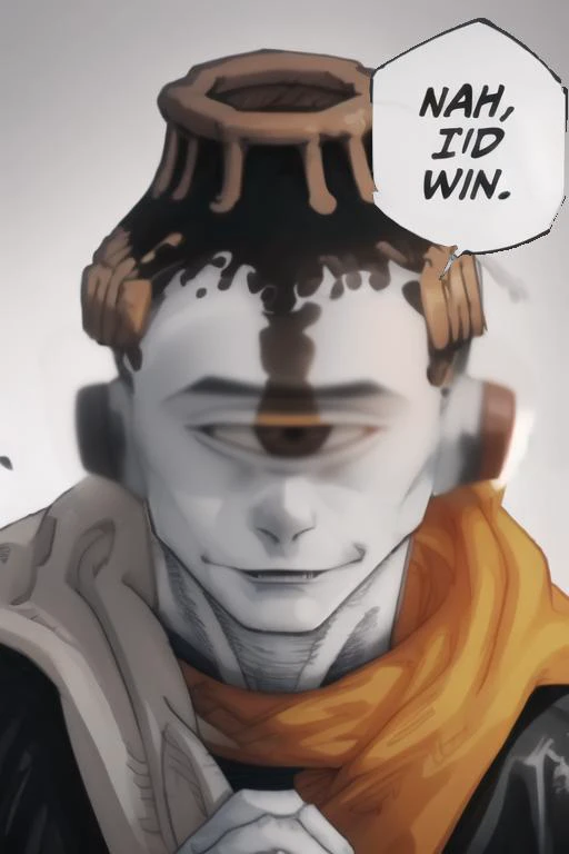(masterpiece:1.2), (best quality:1.2), (extremely detailed:1.2), (extremely detailed face), (ultra detailed), close up, 1boy, solo, smile, male focus, boots, colored skin, grey skin, one-eyed, cyclops, volcano head, tube ears, yellow cape, scarf, jogoat , nahidwin, speech bubble, english text, <lora:concept_nahidwin:1> <lora:jogoat:.8> <lora:LCM_LoRA_Weights_SD15:1>