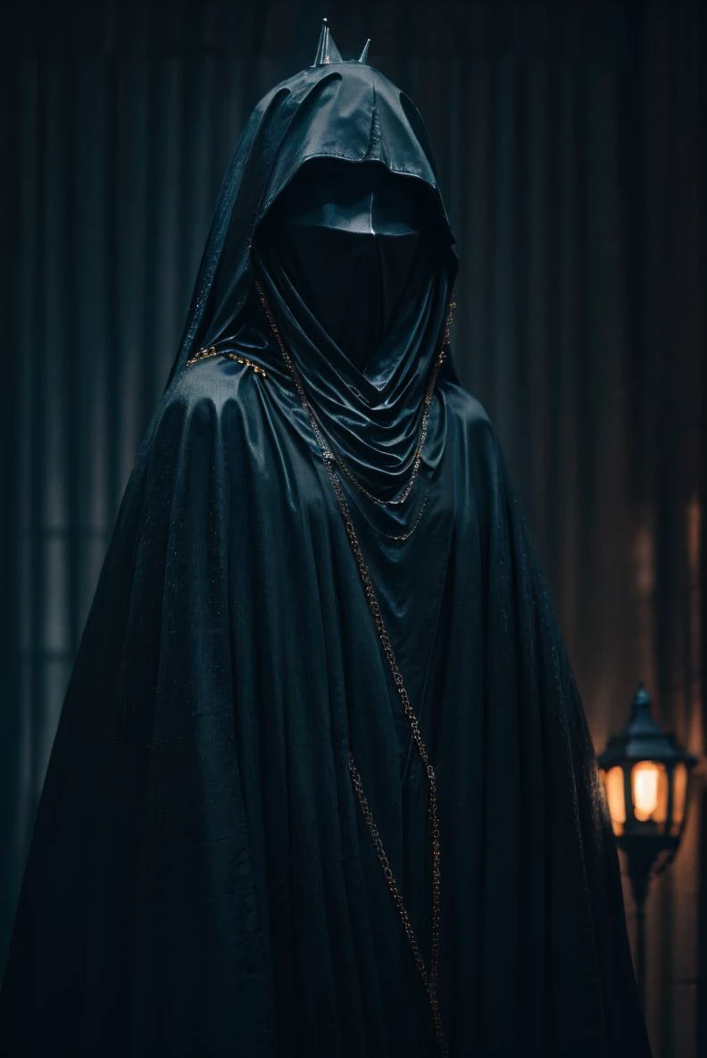 close up, dark theme,solo,1girl,upper body,blurry,no humans,chain,spike,cloak,hood up,robe, cinematic lighting, chiaroscuro, hires, volumetric lighting, highly detailed background, masterpiece, <lora:add_detail:0.4> <lora:hairdetailer:0.5> <lora:cultiste:1>