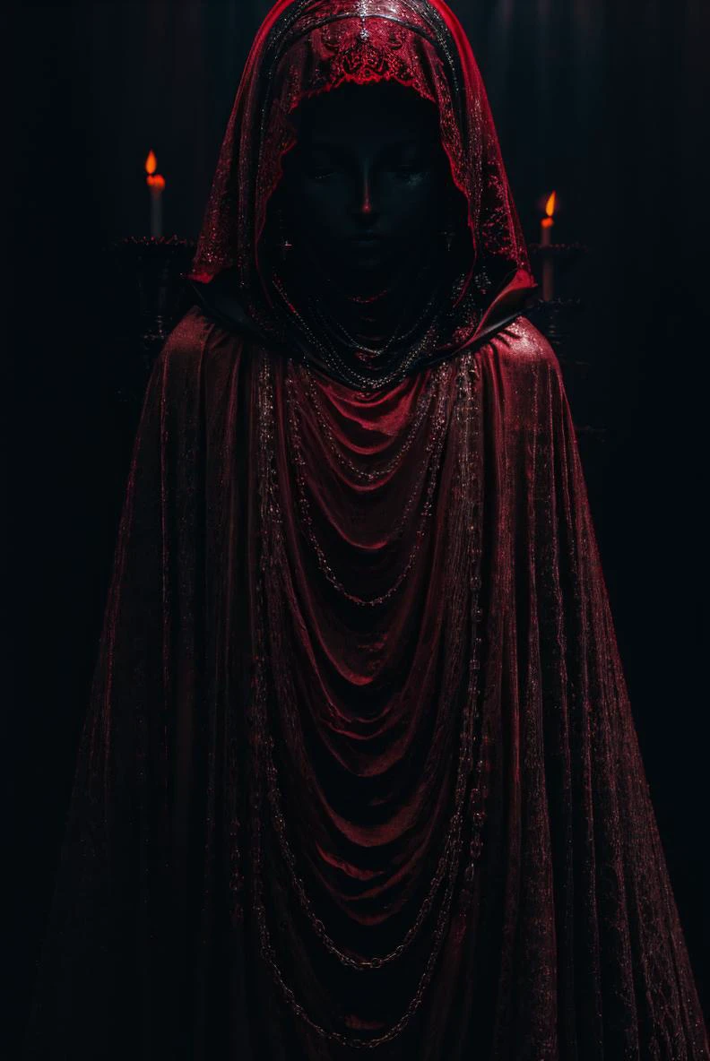 close up, upper body, red theme, dark theme,1girl,earrings,jewelry,chain,spike,armor, helmet,cloak,hood up,robe, candle light, cinematic lighting, (chiaroscuro:1.2) , hires, volumetric lighting, highly detailed background, masterpiece, <lora:add_detail:0.4> <lora:hairdetailer:0.5> <lora:cultiste:1> <lora:antiwhite:0.8>