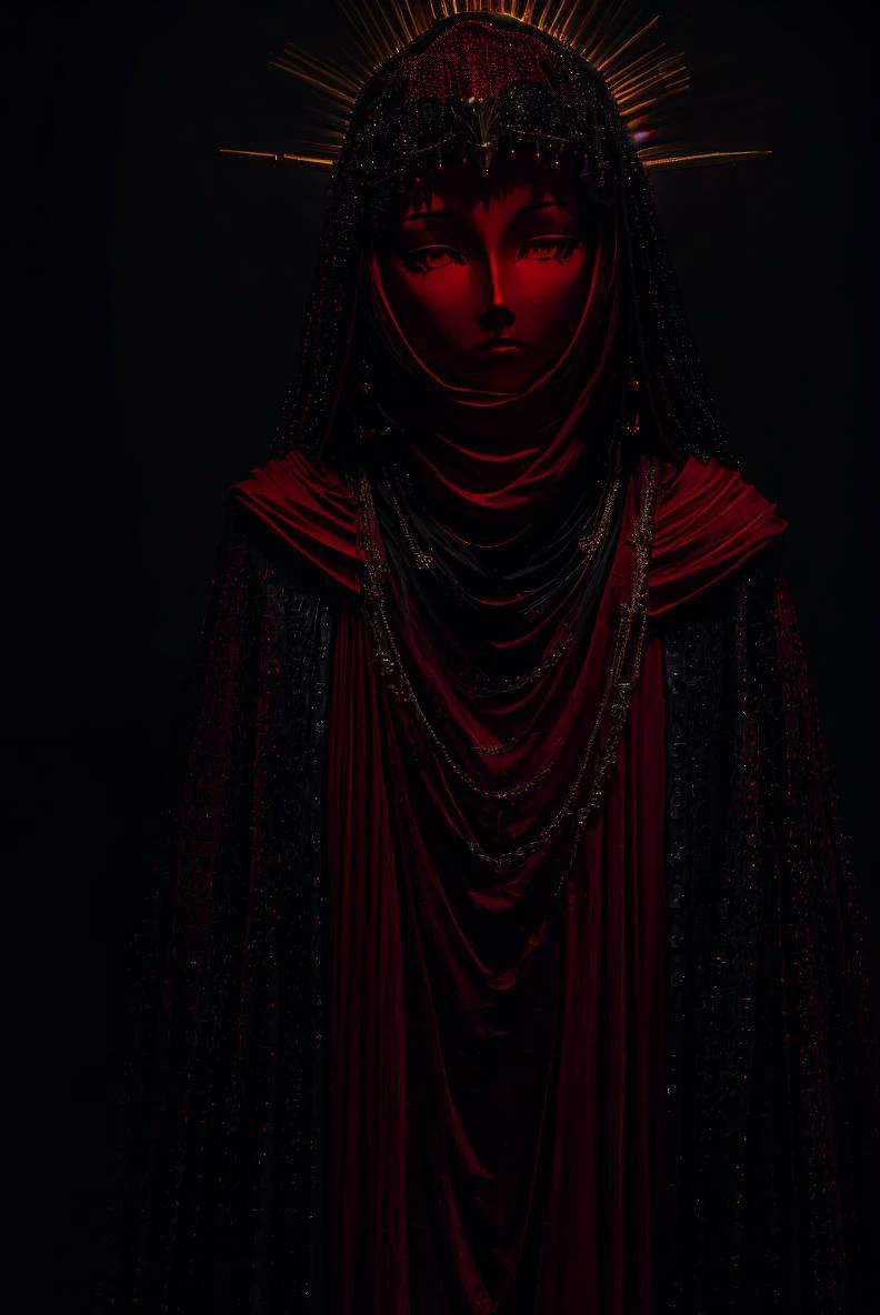 close up, upper body, red theme, dark theme,1girl,earrings,jewelry,chain,spike,armor, helmet,cloak,hood up,robe, candle light, cinematic lighting, (chiaroscuro:1.2) , hires, volumetric lighting, highly detailed background, masterpiece, <lora:add_detail:0.4> <lora:hairdetailer:0.5> <lora:cultiste:1> <lora:antiwhite:0.8>