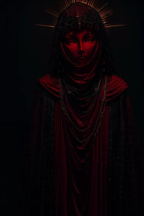 close up, upper body, red theme, dark theme,1girl,earrings,jewelry,chain,spike,armor, helmet,cloak,hood up,robe, candle light, cinematic lighting, (chiaroscuro:1.2) , hires, volumetric lighting, highly detailed background, masterpiece, <lora:add_detail:0.4> <lora:hairdetailer:0.5>  <lora:cultiste:1>  <lora:antiwhite:0.8>