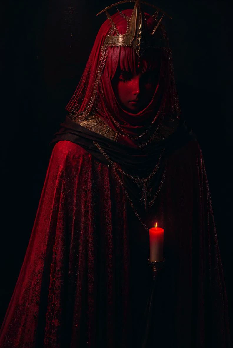close up, upper body, red theme, dark theme,1girl,earrings,jewelry,chain,spike,armor, helmet,cloak,hood up,robe, candle light, cinematic lighting, (chiaroscuro:1.2) , hires, volumetric lighting, highly detailed background, masterpiece, <lora:add_detail:0.4> <lora:hairdetailer:0.5> <lora:cultiste:1> <lora:antiwhite:0.8>