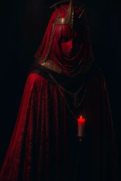 close up, upper body, red theme, dark theme,1girl,earrings,jewelry,chain,spike,armor, helmet,cloak,hood up,robe, candle light, cinematic lighting, (chiaroscuro:1.2) , hires, volumetric lighting, highly detailed background, masterpiece, <lora:add_detail:0.4> <lora:hairdetailer:0.5>  <lora:cultiste:1>  <lora:antiwhite:0.8>