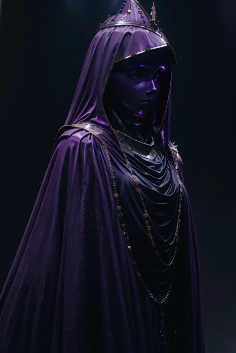 close up, upper body, purple theme, dark theme,1girl,earrings,jewelry,chain,spike,armor, helmet,cloak,hood up,robe, candle light, cinematic lighting, (chiaroscuro:1.2) , hires, volumetric lighting, highly detailed background, masterpiece, <lora:add_detail:0.4> <lora:hairdetailer:0.5> <lora:cultiste:1>