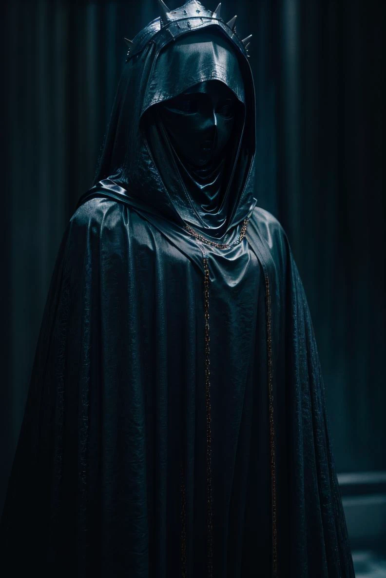 close up, dark theme,solo,1girl,upper body,blurry,no humans,chain,spike,cloak,hood up,robe, cinematic lighting, chiaroscuro, hires, volumetric lighting, highly detailed background, masterpiece, <lora:add_detail:0.4> <lora:hairdetailer:0.5> <lora:cultiste:1>
