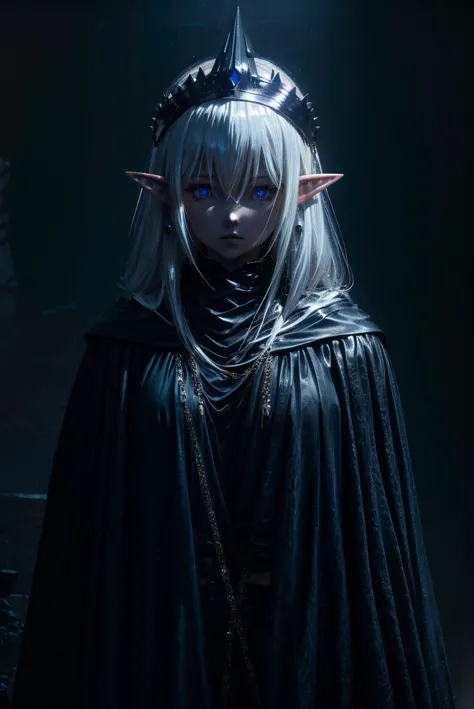 close up, upper body, dark theme,1girl,pointy ears,long hair,blue eyes,white hair,navel,hair between eyes,earrings,jewelry,chain,spike,elf,armor,helmet,cloak,hood up,robe, cinematic lighting, chiaroscuro, hires, volumetric lighting, highly detailed background, masterpiece, <lora:add_detail:0.4> <lora:hairdetailer:0.5> <lora:Aeriy:0.8> <lora:cultiste:1>