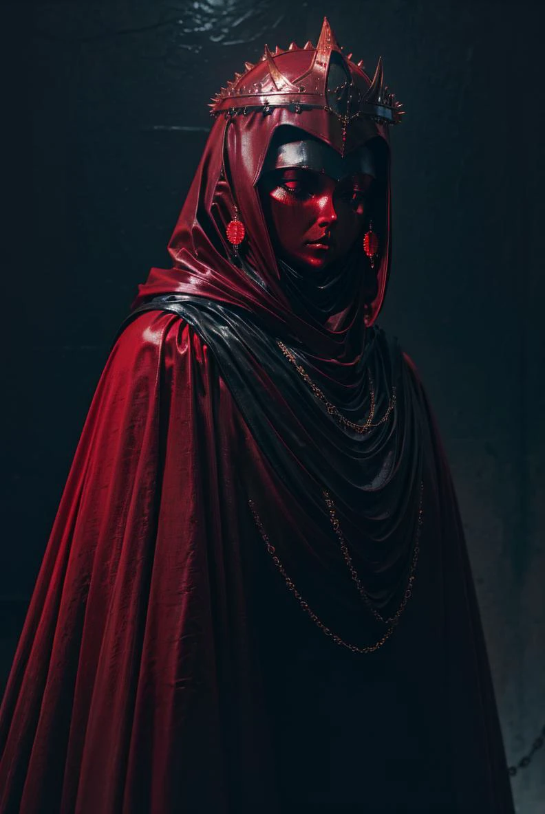 close up, upper body, red theme, dark theme,1girl,earrings,jewelry,chain,spike,armor,helmet,cloak,hood up,robe, cinematic lighting, chiaroscuro, hires, volumetric lighting, highly detailed background, masterpiece, <lora:add_detail:0.4> <lora:hairdetailer:0.5> <lora:cultiste:1>