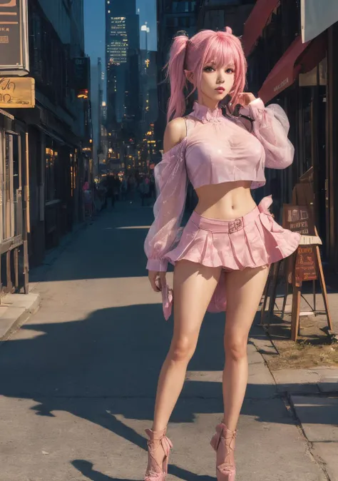 (masterpiece:1.3),(best quality:1.3),(photorealistic:1.4),(cityscape:1.3),(cowboy_shot:1.3, (full body)),see-through,midriff,miniskirt,(large breasts:1.2),yaosi,(street:1.4),(ultra detailed:1.3),unity 8k wallpaper,(1girl,solo), Platform heels, pink hair, twin-tails, <lora:yaosi:0.7> <lora:Alternative_Shoes:0.8> Platforms,