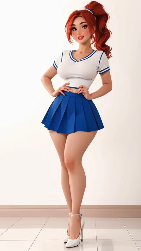 high detailed, masterpiece <lora:p3r3zstyle_v2:0.6> 1girl, photo_unp, white top, blue skirt, high heels, full body, posing sexy, subtle smile, pouting, full lips, red hair, high ponytail, brown eyes, ((perfect hands)), big breast, wide hips, thick thighs, clean scene, white background, white wall, shinny floor, white floor, <lora:xueshengzhaung_20230910160840:0.8>