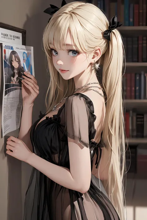 masterpiece,8k high quality detailed,highres,anime,comic,,detailed image,
(an illustration of a girl,illustration \(girl\),female,magazine_sheet \(girl\)),
(,twintails,1girl,blonde hair,bangs,long_hair,necklace,earrings,medium breasts),Sunny Smile,detailed_face,
Looking back,(From a tilted or Dutch angle, introducing an element of disorientation or drama),
(, leisineiy,black_dress,(see-through),style \(black\)),(,realistic clothing texture,realistic_skin_texture),<lora:velvia:0.6>,<lora:Karina:0.55>,<lora:leisineiyi_20230910121932:0.6>,<lora:more_details:0.3>