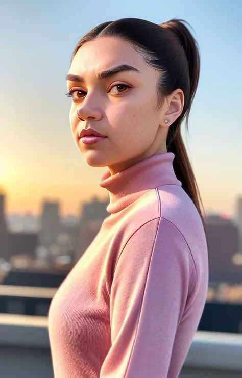 Picture, high quality, chest portrait, beautiful influencer (EP_MichelleJenneke:0.99), hair in a ponytail, high class boulevard, wearing modest turtleneck dress, (colorful), sunset, optical glare, raytracing, sharp focus, bokeh, restaurants, terraces, shops