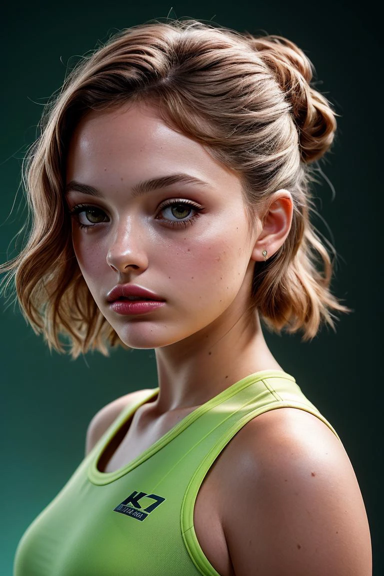 photo of beautiful (4l4n4bc:0.99), a woman with perfect hair upsweep updo, wearing (gym uniform:1.1), (painted lips, makeup:1.1), (plain green background:1.1), modelshoot style, (extremely detailed CG unity 8k wallpaper), professional majestic photography, (closeup portrait), (Canon EOS R6 Mirrorless Camera), 24mm, exposure blend, hdr, faded, extremely intricate, High (Detail:1.1), Sharp focus, dramatic, soft cinematic light, (looking at viewer), (detailed pupils), 4k textures, soft cinematic light, adobe lightroom, photolab, elegant, ((((cinematic look)))), soothing tones, insane details, hyperdetailed, low contrast