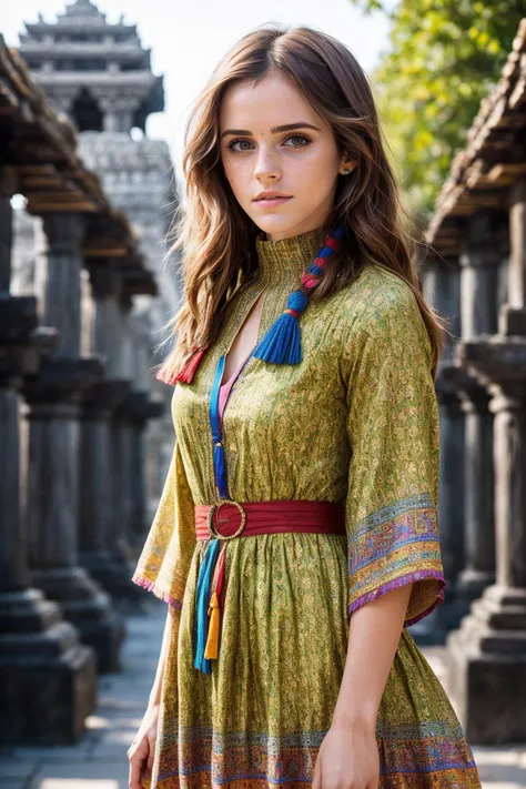 photo of beautiful (emwats0n:0.99), (((walking in a temple))), modelshoot style, (extremely detailed CG unity 8k wallpaper), photo of the most beautiful artwork in the world, professional majestic (photography by Steve McCurry), 8k uhd, dslr, soft lighting, high quality, (film_grain:1.2), (bokeh, blurry foreground, blurry background), Fujifilm XT3 sharp focus, f 5.6, High Detail, Sharp focus, dramatic, (((wearing highneck colorful_hippie_dress))), (looking at viewer:1.2), (detailed pupils:1.3), (natural light), (((medium-long shot:1.3)))