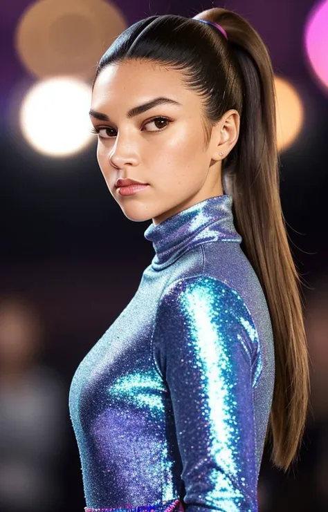 Picture, high quality, chest portrait, beautiful fashion icon (EP_MichelleJenneke:0.99), hair in a ponytail, high  class fashion show, glitter, glamour, SFW, wearing modest turtleneck dress, (colorful), sunset, optical glare, raytracing, sharp focus, bokeh, spotlights, shiny, sparkle, glowing particles