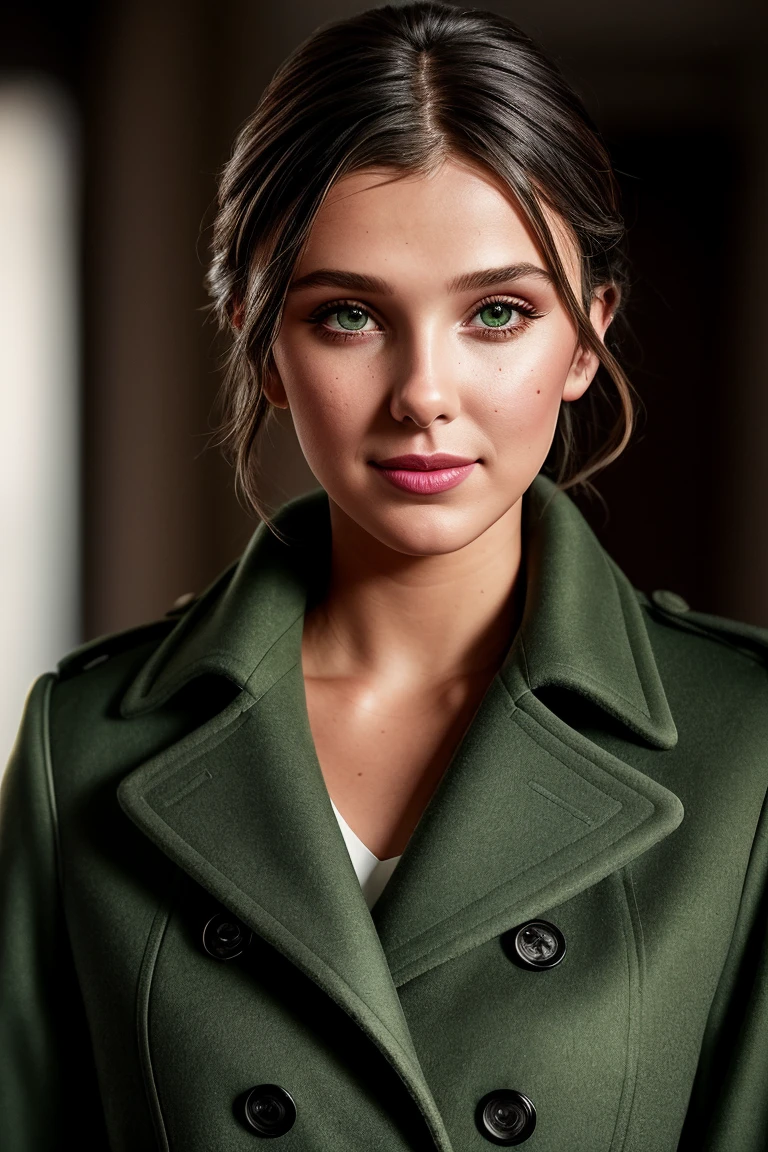 photo of beautiful (m1ll13bb:0.99), a woman in a (movie premiere gala:1.1), short black hair, wearing green (overcoat:1.1), ((Scoutcore:1.1)), (smiling:1.1), modelshoot style, (extremely detailed CG unity 8k wallpaper), professional majestic (photography by irving penn:1.1), (Sony a7S III Mirrorless Camera), 24mm, exposure blend, hdr, faded, extremely intricate, High (Detail:1.1), Sharp focus, dramatic, soft cinematic light, ((looking at viewer)), (detailed pupils), (upper body), 24mm, 4k textures, soft cinematic light, adobe lightroom, photolab, elegant, ((((cinematic look)))), soothing tones, insane details, hyperdetailed, low contrast