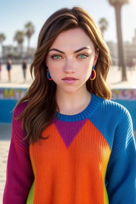 Picture, high quality, chest portrait, cool looking skater Koh_ViolettBeane, venice beach skatepark, wearing wide sweater, (colorful:1.1), beach, optical glare, (neon:0.7), raytracing, sharp focus, bokeh