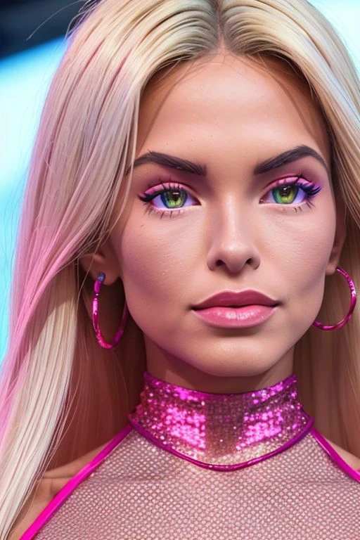 Picture, high quality, SFW, EP_HannahPalmer:0.99, platinum blonde hair, a woman wearing a pink mesh top, bright pink accesories, on a stage, dancer, idol, glitter, glamour, close up portrait, perfect face, perfect eyes, sharp focus, tracelight, raytraced, Nikon D850 film stock photograph Kodak Portra 400 camera f1.6 lens, rich colors, lifelike texture, dramatic lighting, unreal engine, trending on ArtStation, cinestill 800 tungsten
