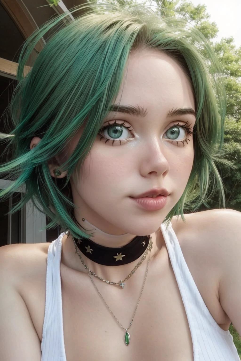 looking at viewer, close up, facial close up,
alinaodd, 1girl, lips, short green hair, green eyes, small breasts, tight intricate dress, choker, jewerly,
glistening skin, realistic,
outdoors,
<lora:Alina_V1:0.75>