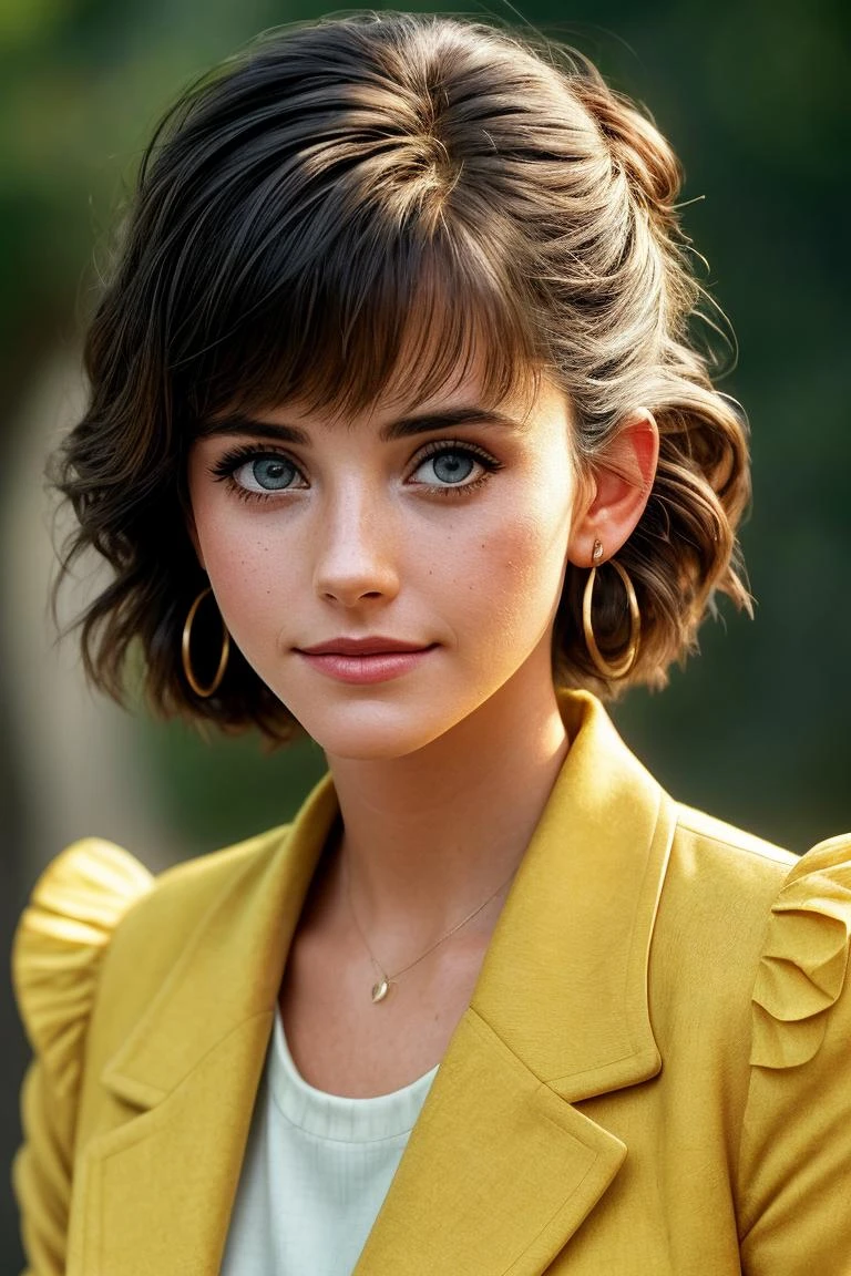photo of beautiful (c0urteneyc0x-130:0.99), a woman with perfect hair, hair upsweep updo, wearing (yellow cropped jacket (bolero):1.1), ((Historical Americana:1.1)), (plain yellow background:1.1), modelshoot style, (extremely detailed CG unity 8k wallpaper), professional majestic photography, (smile), ((upper body)), (Kodak PIXPRO FZ43 16MP Digital Camera), 24mm, exposure blend, hdr, faded, extremely intricate, High (Detail:1.1), Sharp focus, dramatic, soft cinematic light, (upper body), (looking at viewer), (detailed pupils), 4k textures, soft cinematic light, adobe lightroom, photolab, elegant, ((((cinematic look)))), soothing tones, insane details, hyperdetailed, low contrast