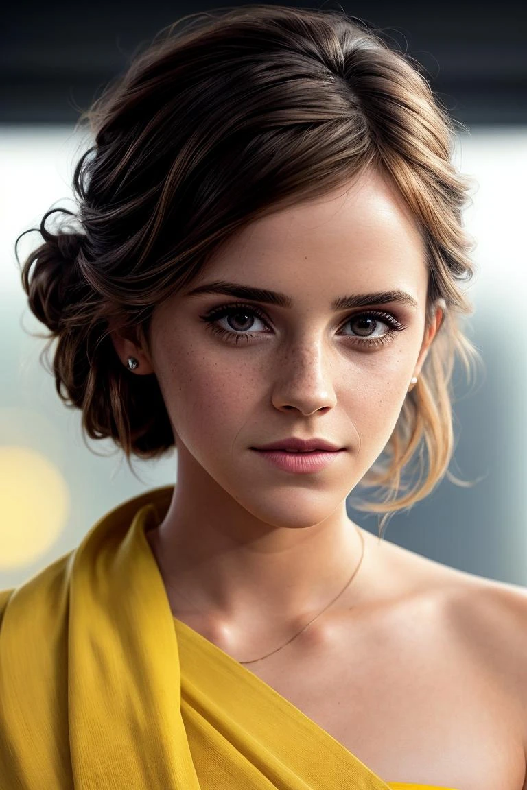 photo of beautiful (emwats0n:0.99), a woman with perfect hair, hair upsweep updo, wearing (yellow sarong:1.1), ((Science Academia:1.1)), (plain yellow background:1.1), modelshoot style, (extremely detailed CG unity 8k wallpaper), professional majestic photography, (smile), ((upper body)), (Nikon Z6 II Mirrorless Camera), 24mm, exposure blend, hdr, faded, extremely intricate, High (Detail:1.1), Sharp focus, dramatic, soft cinematic light, (upper body), (looking at viewer), (detailed pupils), 4k textures, soft cinematic light, adobe lightroom, photolab, elegant, ((((cinematic look)))), soothing tones, insane details, hyperdetailed, low contrast