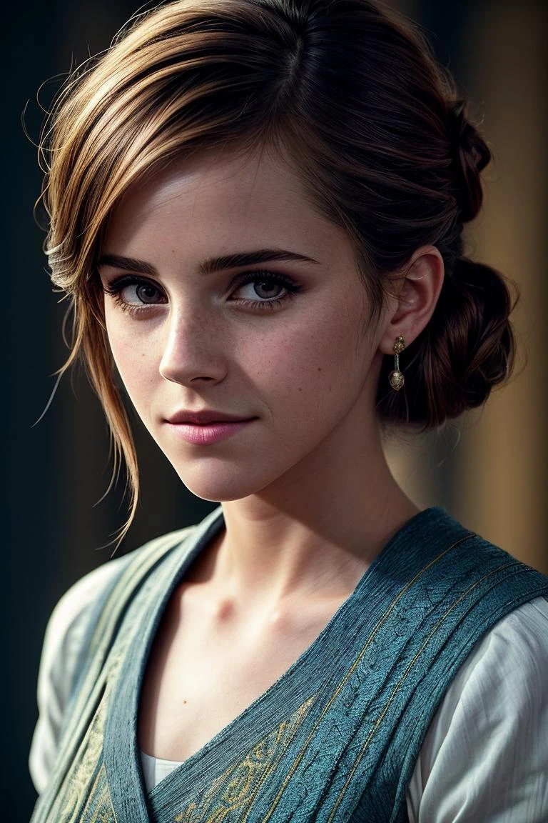 photo of beautiful (emwats0n:0.99), a woman with perfect hair, hair upsweep updo, wearing (blue buruma:1.1), ((Medieval:1.1)), (plain yellow background:1.1), modelshoot style, (extremely detailed CG unity 8k wallpaper), professional majestic photography, (smile), ((upper body)), (Sony a7R IV Mirrorless Camera), 24mm, exposure blend, hdr, faded, extremely intricate, High (Detail:1.1), Sharp focus, dramatic, soft cinematic light, (upper body), (looking at viewer), (detailed pupils), 4k textures, soft cinematic light, adobe lightroom, photolab, elegant, ((((cinematic look)))), soothing tones, insane details, hyperdetailed, low contrast