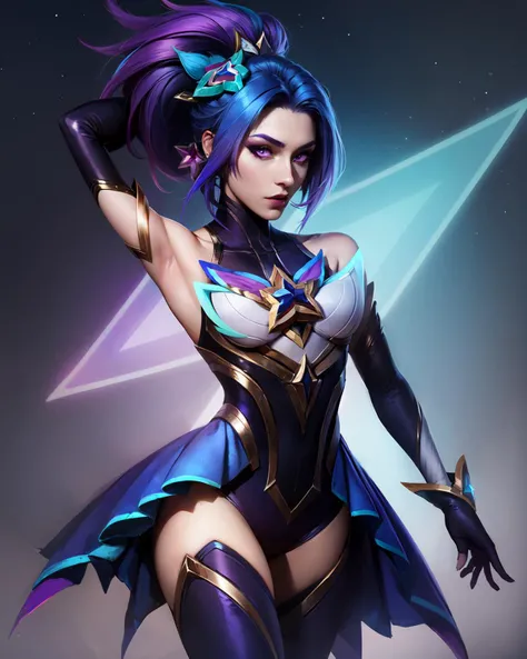 <lora:starguardianakali:0.9> <lora:add_detail:0.5>  ((HDR, best quality, masterpiece, detailed, High Resolution)), cleavage, shine, solo, blush, woman, thigh,  (starguardianakali, multicolored legwear, elbow gloves, hair ornament, star guardian \(league of legends\), star \(symbol\), multicolored hair, blue hair, purple hair, ponytail ), Milky Way, big breasts,  angle
