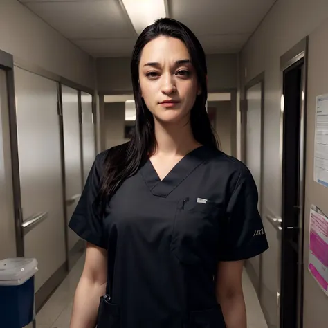 high quality photo of <lora:sara_tomko:1> sara_tomko
long black hair,  SkinDetail, tied back hair
 <lora:ClothingMedicalScrubs0:1> scrubs, medical scrubs, shirt,