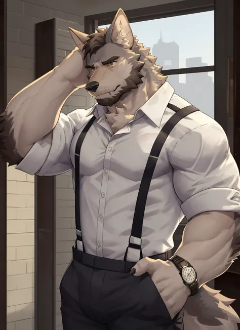 <lora:william-08:1>, william adler, solo, shirt, 1boy, white shirt, upper body, male focus, collared shirt, pants, looking to the side, suspenders, pectorals, sleeves rolled up, watch, wristwatch, wolf ears, beard