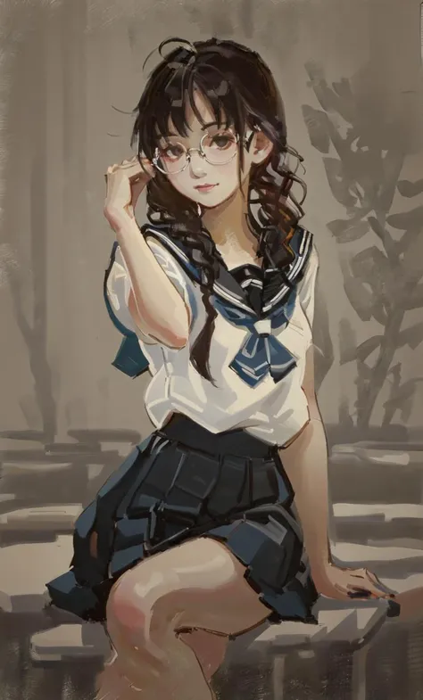 double braids, a painting of a girl with glasses,  <lora:Cute_paint:1> sitting down on a school class, sexy pose