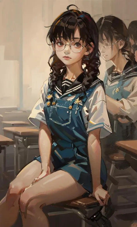 double braids, a painting of a girl with glasses,,overall, <lora:Cute_paint:1> sitting down on a school class