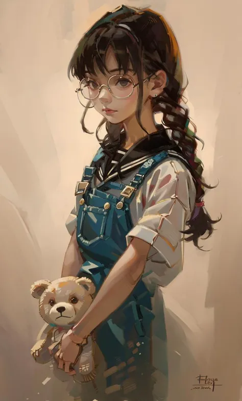bangs, double braids, a painting of a girl with glasses holding a teddy bear under her overall, <lora:Cute_paint:1>