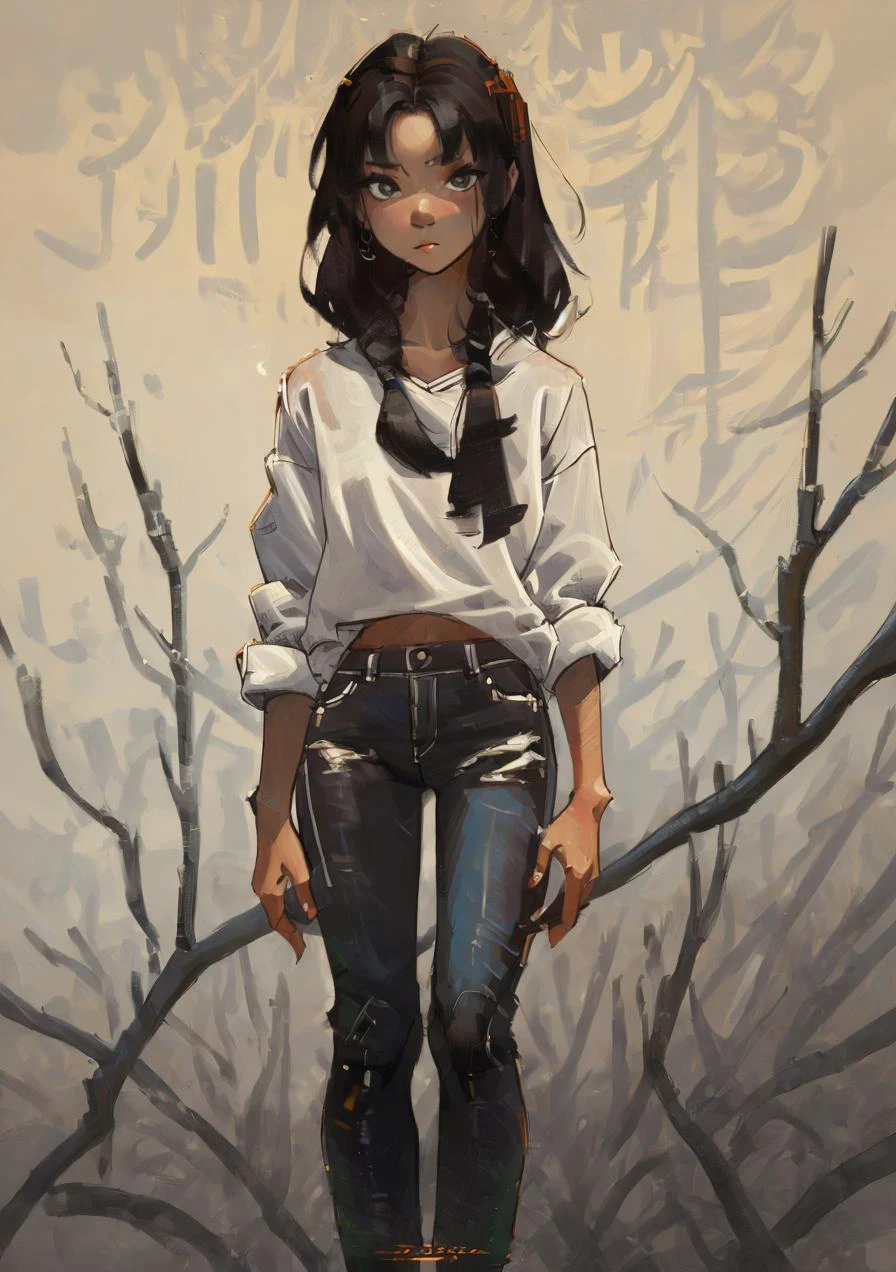 a woman trending on art station, a detailed painting, fantasy art <lora:Ink_Painting-000006:.8>, standing still, casual clothes, white shirt, jeans pant, <lora:Cute_paint-000003:.8>