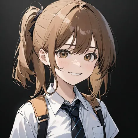 wangyue, 1girl, solo, makima (chainsaw man), necktie, ringed eyes, shirt, looking at viewer, collared shirt, black necktie, simple background, braid, black background, bangs, smile, white shirt, brown hair, closed mouth, braided ponytail, light smile, medium hair, sidelocks <lora:wangyue:SD>