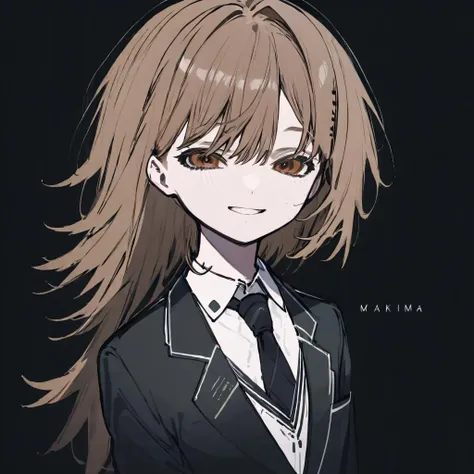wangyue, 1girl, solo, makima (chainsaw man), necktie, ringed eyes, shirt, looking at viewer, collared shirt, black necktie, simple background, braid, black background, bangs, smile, white shirt, brown hair, closed mouth, braided ponytail, light smile, medium hair, sidelocks <lora:wangyue:1>
