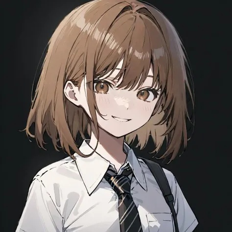 wangyue, 1girl, solo, makima (chainsaw man), necktie, ringed eyes, shirt, looking at viewer, collared shirt, black necktie, simple background, braid, black background, bangs, smile, white shirt, brown hair, closed mouth, braided ponytail, light smile, medium hair, sidelocks <lora:wangyue:0.5>