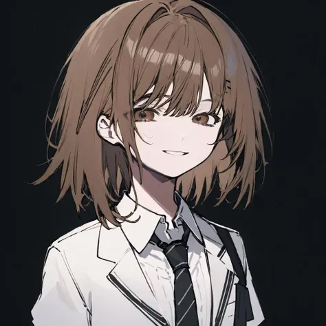 wangyue, 1girl, solo, makima (chainsaw man), necktie, ringed eyes, shirt, looking at viewer, collared shirt, black necktie, simple background, braid, black background, bangs, smile, white shirt, brown hair, closed mouth, braided ponytail, light smile, medium hair, sidelocks <lora:wangyue:0.8>