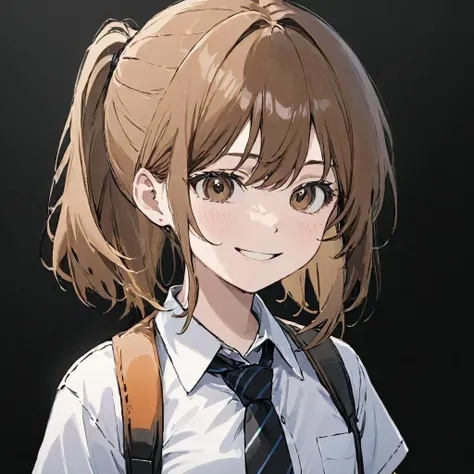 wangyue, 1girl, solo, makima (chainsaw man), necktie, ringed eyes, shirt, looking at viewer, collared shirt, black necktie, simple background, braid, black background, bangs, smile, white shirt, brown hair, closed mouth, braided ponytail, light smile, medium hair, sidelocks <lora:wangyue:0.1>