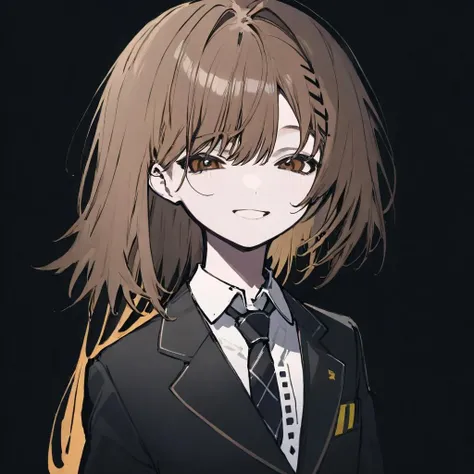 wangyue, 1girl, solo, makima (chainsaw man), necktie, ringed eyes, shirt, looking at viewer, collared shirt, black necktie, simple background, braid, black background, bangs, smile, white shirt, brown hair, closed mouth, braided ponytail, light smile, medium hair, sidelocks <lora:wangyue:0.9>