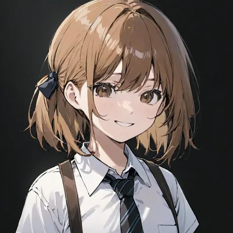 wangyue, 1girl, solo, makima (chainsaw man), necktie, ringed eyes, shirt, looking at viewer, collared shirt, black necktie, simple background, braid, black background, bangs, smile, white shirt, brown hair, closed mouth, braided ponytail, light smile, medium hair, sidelocks <lora:wangyue:0.3>