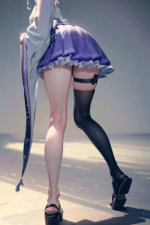 (masterpiece, best-quality:1.3), (((epic-Ultra-HD-details, epic-Ultra-HD-detailed, epic-Ultra-HD-highlights, epic-Ultra-HD-realistic, photorealistic, upscaled-resolution, optimal, optimal-lighting, dramatic-shadows, glow-of-life, multi-layer-lighting, dynamic-angle, dynamic-pose, cowboy-shot, main-attention))), (elira2st, purple nails), (tiara, japanese clothes, grey kimono, wide sleeves, single thighhigh, purple skirt, off shoulder, necklace, fur trim, thigh strap, tabi, sandals), (forward bending, standing, from behind, upside-down:1.5)