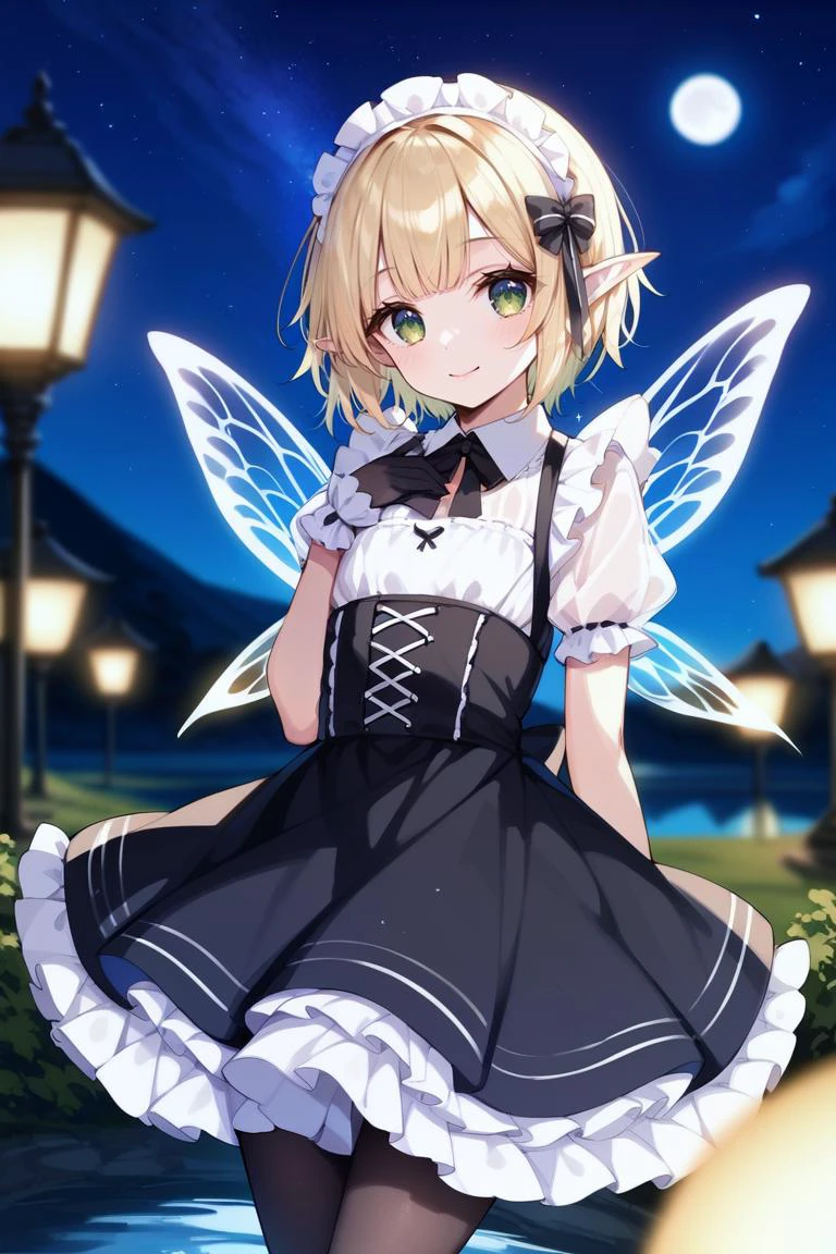 score_9,score_8_up,score_7_up,score_6_up,score_5_up,score_4_up,rating_safe, BREAK,
1girl,solo,cute little elf girl,elf ,short,skinny,intricate details,detailed face,green eyes,blonde hair,bob hair,blunt bangs, elf ears,flat chest,long eyelashes,hair ornament,looking at viewer,light smile,blurry background,hand on own chest,(see-through fairy wing:1.2),
(black gothic maid:1.2), night,landscape,messy hair,late at night,(starry night sky:1.2),Nebula, clear sky,blurry,(depth of field:1.1),perspective,(Magnificent view:1.4),cowboy shot,black glove,frilled mini skirt, black pantyhose, lake,woods,fireflies, moon,moonlight,