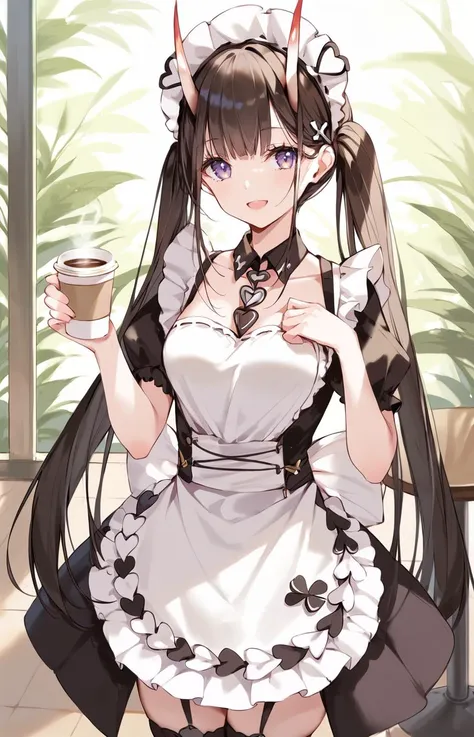 score_9, score_8_up, score_7_up, score_6_up, score_5_up, score_4_up, anime, rating_safe
BREAK
1girl,solo,noshiro \(azur lane\), azur lane, happy,black long hair,cafe,coffee shop,watson cross, standing,cowboy shot,
 <lora:Noshiro_XL_pony_v1:0.8>, maid